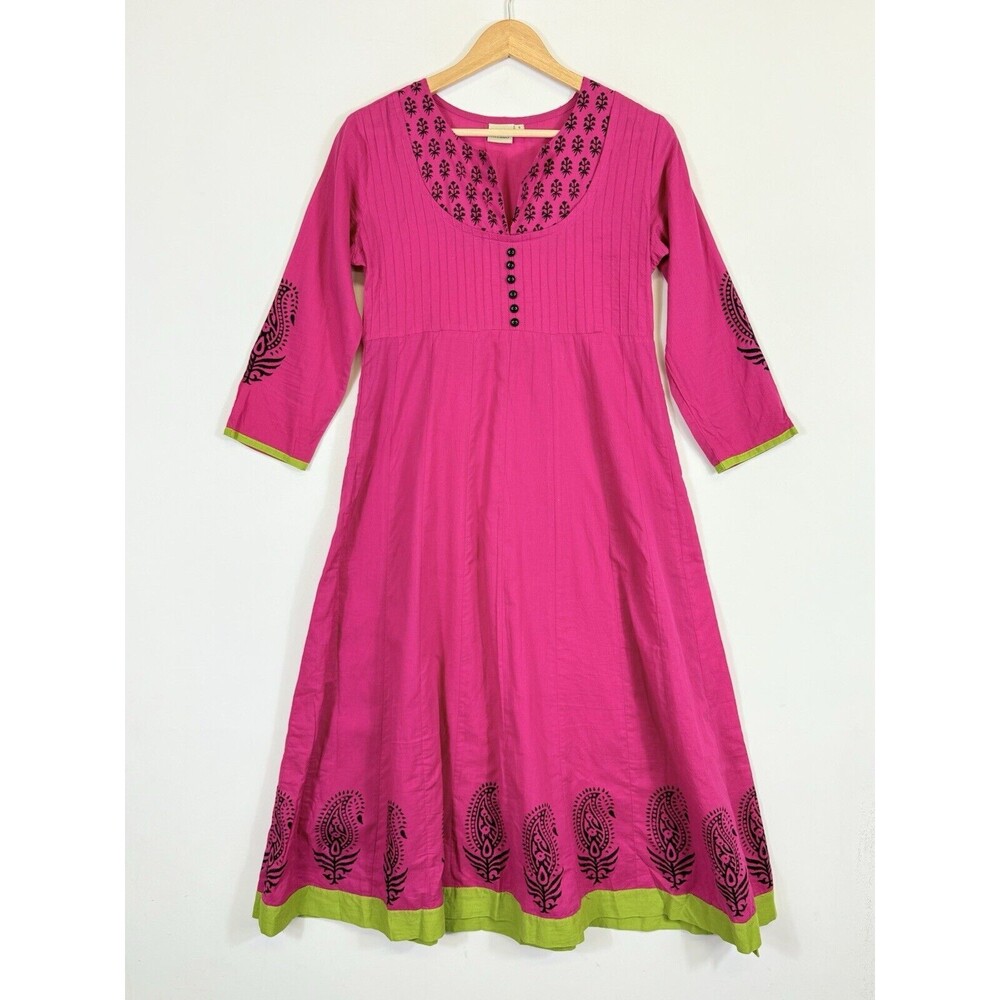 Neerus Tunic Dress Womens Small Hot‎ Pink Green Paisley Stamp Long Sleeve Kurta